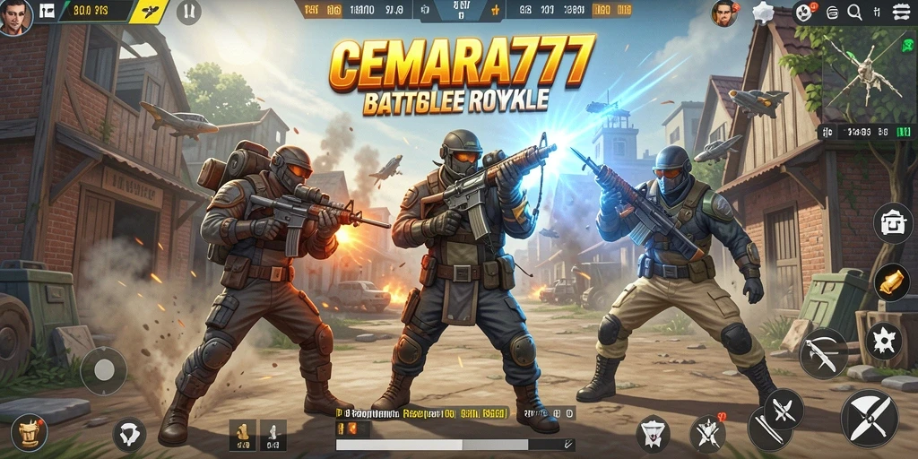 Screenshot gameplay CEMARA777 menunjukkan pertempuran intens dan strategi dalam Battle Royale.