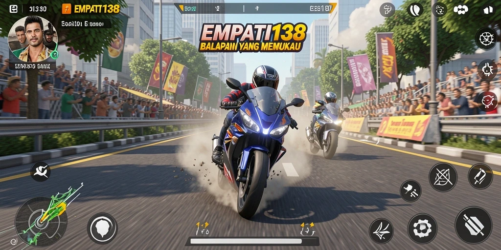 Screenshot utama EMPATI138 menunjukkan adrenalin balapan motor yang mendebarkan.