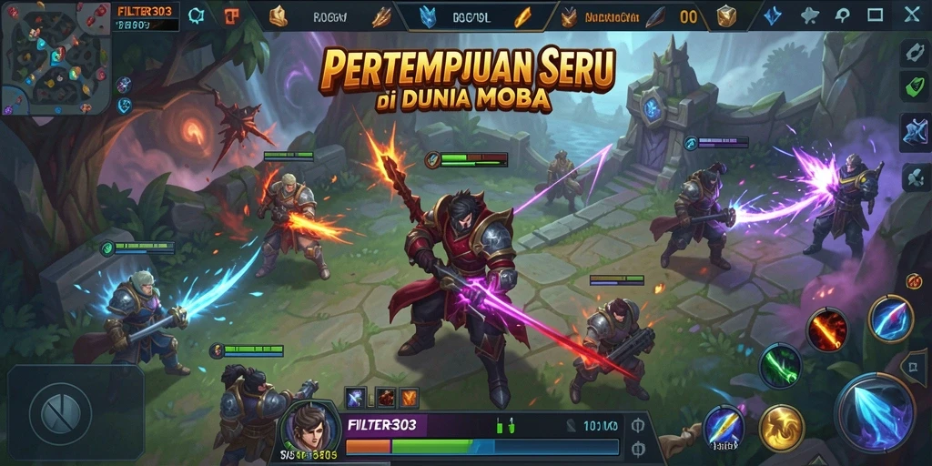Screenshot gameplay FILTER303, menampilkan pertarungan epik dalam arena MOBA.