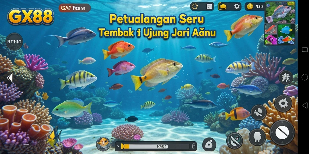 Gameplay GX88 menampilkan aksi seru menembak ikan di laut yang indah.