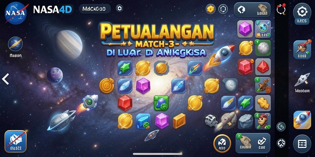 Tangkapan layar gameplay NASA4D yang menunjukkan level Match-3 yang menantang.