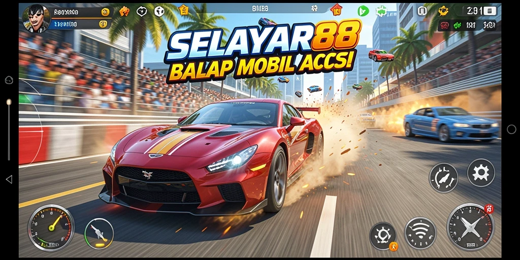 Screenshot gameplay SELAYAR88 menampilkan mobil melaju kencang di lintasan balap.