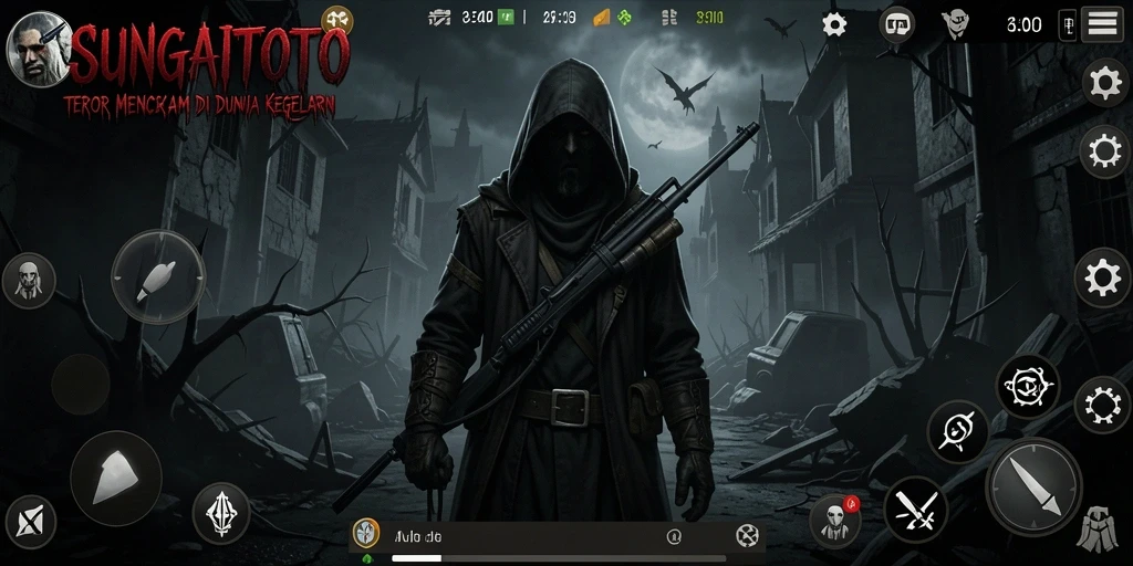 Screenshot utama SUNGAITOTO menampilkan suasana mencekam dengan efek pencahayaan yang dramatis.