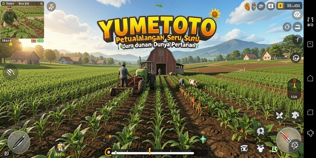 Screenshot gameplay YUMETOTO menunjukkan aktivitas bertani yang seru.